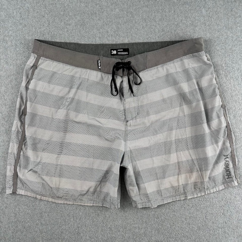 Hurley‎ Mens Gray Striped Board Shorts Swim Trunks Size 38 Lace Up Surf Skate
